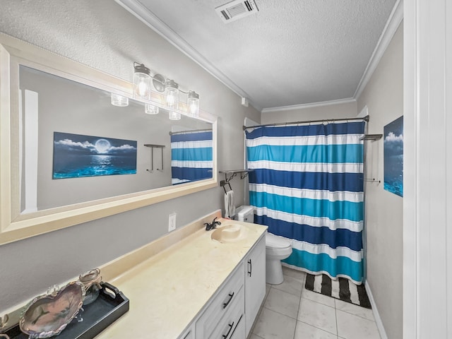 full bathroom featuring tile patterned flooring, visible vents, crown molding, toilet, and a textured ceiling