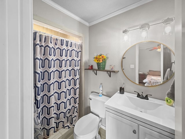 full bath with vanity, a shower with curtain, ornamental molding, a textured ceiling, and toilet