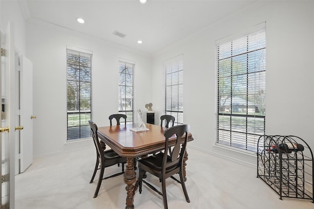 3620 Red Oak Dr, Corinth, TX 76208 - dining area with ornamental molding, baseboards, light carpet, recessed lighting, and an office area