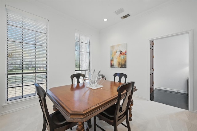 3620 Red Oak Dr, Corinth, TX 76208 - dining room featuring crown molding, baseboards, carpet floors, and recessed lighting
