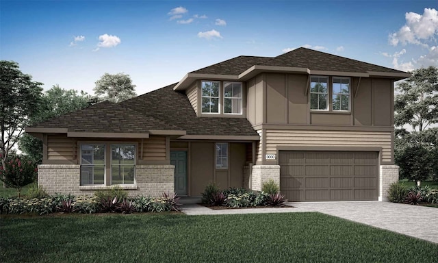 view of front of home featuring driveway, board and batten siding, and brick siding