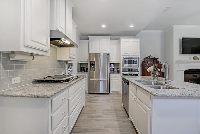 kitchen with appliances with stainless steel finishes, ornamental molding, a sink, under cabinet range hood, and backsplash