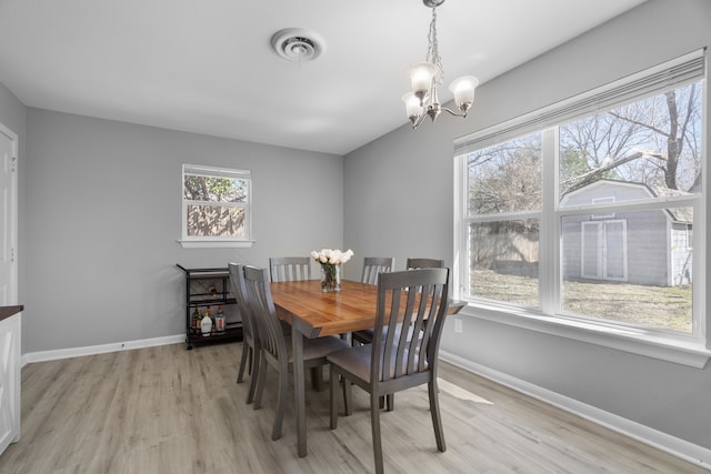 dining area featuring light wood finished floors, baseboards, and visible vents