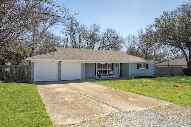 ranch-style home featuring a front lawn, roof with shingles, fence, and brick siding