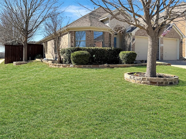 single story home with brick siding, roof with shingles, concrete driveway, a front yard, and a garage