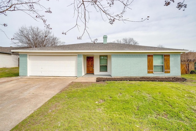 ranch-style house featuring brick siding, roof with shingles, concrete driveway, a front yard, and a garage