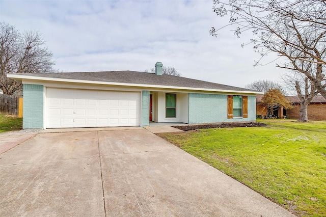 single story home featuring an attached garage, brick siding, fence, concrete driveway, and a front yard