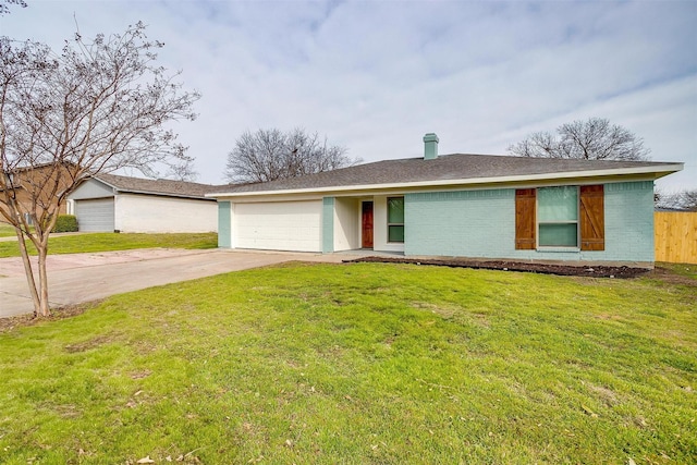 single story home featuring brick siding, a front yard, fence, a garage, and driveway