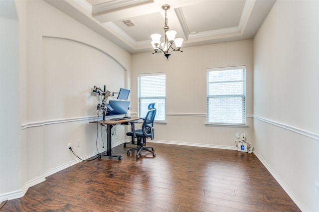 home office with a notable chandelier, visible vents, crown molding, and wood finished floors