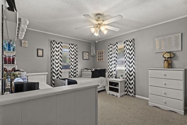 carpeted bedroom with a textured ceiling, ornamental molding, and multiple windows