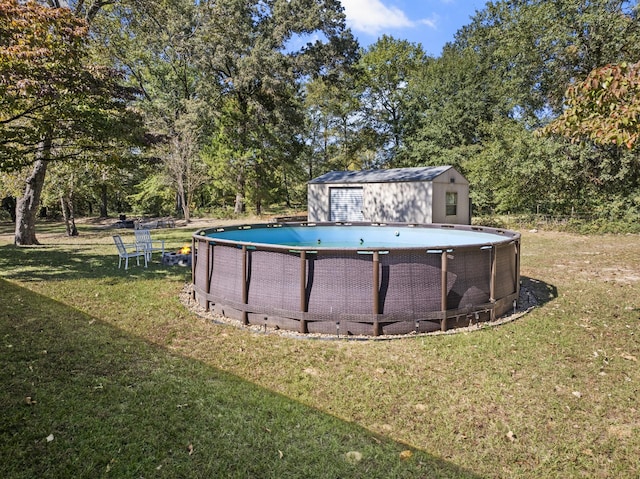 pool with an outdoor structure and a lawn