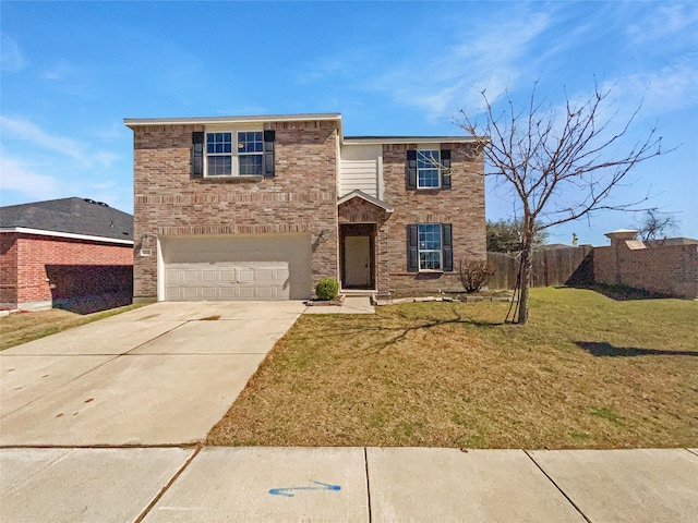 traditional home with driveway, an attached garage, fence, a front lawn, and brick siding