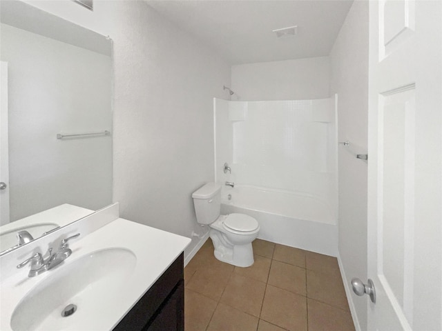 full bathroom featuring bathtub / shower combination, tile patterned flooring, toilet, visible vents, and vanity