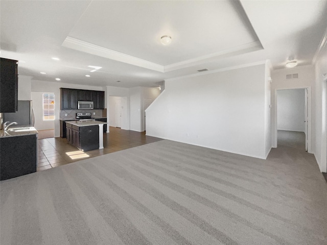 kitchen featuring a center island, appliances with stainless steel finishes, a raised ceiling, and open floor plan