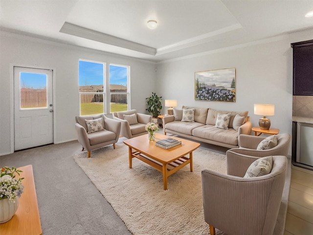 living room with a tray ceiling and carpet