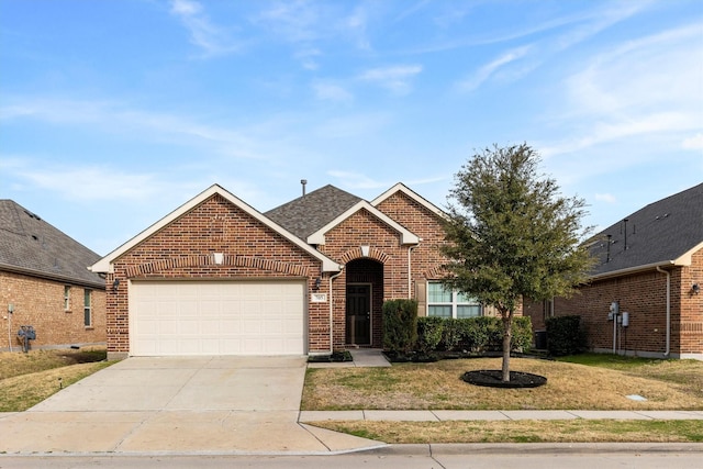 view of front of property featuring driveway, brick siding, a shingled roof, an attached garage, and a front yard