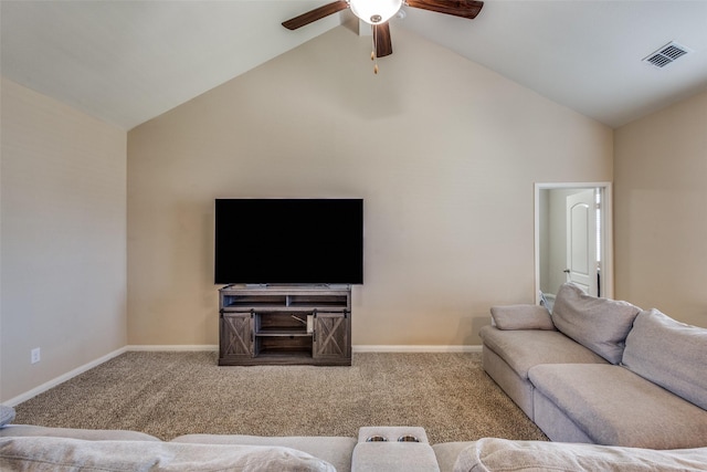 living room with high vaulted ceiling, a ceiling fan, visible vents, baseboards, and carpet