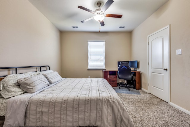 bedroom featuring a ceiling fan, baseboards, visible vents, and carpet flooring