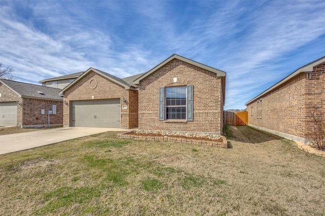 ranch-style house featuring a garage, brick siding, driveway, and fence