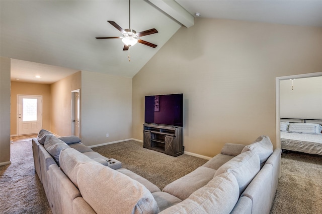 living room with baseboards, a ceiling fan, beamed ceiling, carpet, and high vaulted ceiling