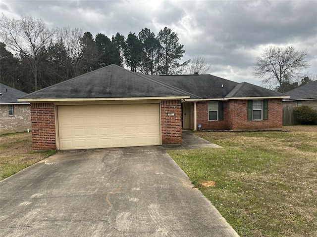 ranch-style house featuring brick siding, a garage, driveway, and a front yard