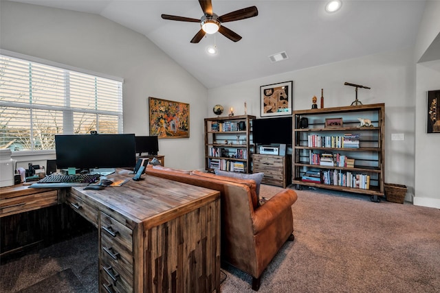 carpeted office featuring visible vents, vaulted ceiling, a ceiling fan, and recessed lighting