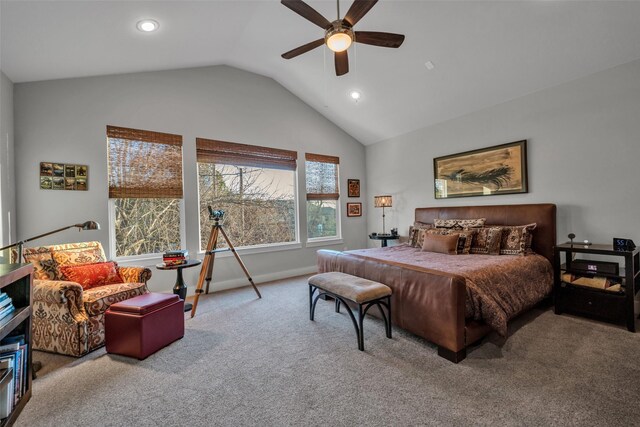 carpeted bedroom with ceiling fan, baseboards, vaulted ceiling, and recessed lighting