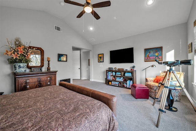 bedroom featuring carpet floors, visible vents, baseboards, and a ceiling fan