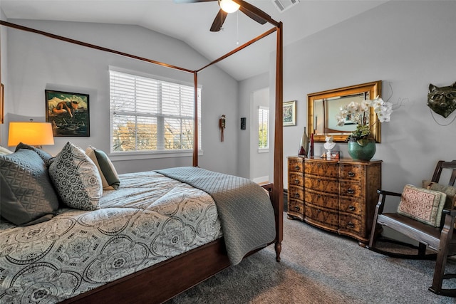 carpeted bedroom with ceiling fan, visible vents, and vaulted ceiling