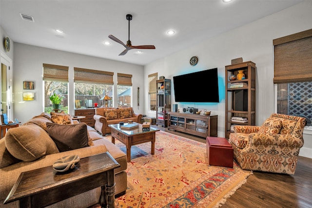 living room with ceiling fan, wood finished floors, visible vents, and recessed lighting