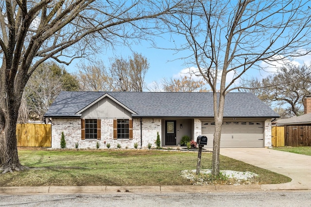 single story home with a shingled roof, a front yard, driveway, and fence