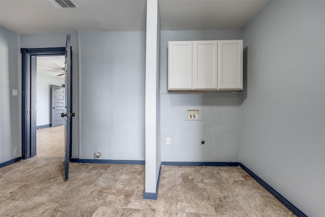 washroom with cabinet space, visible vents, baseboards, washer hookup, and electric dryer hookup