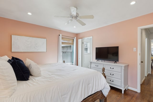 bedroom featuring attic access, baseboards, a ceiling fan, dark wood-type flooring, and recessed lighting