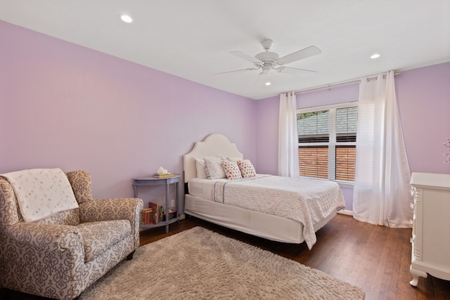 bedroom with recessed lighting, ceiling fan, and wood finished floors