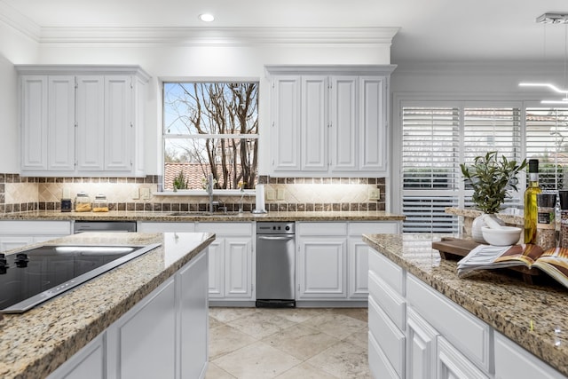 17704 Cedar Creek Canyon Dr, Dallas, TX 75252 - kitchen with decorative backsplash, a wealth of natural light, white cabinetry, and black electric cooktop
