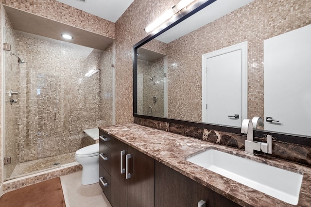 17704 Cedar Creek Canyon Dr, Dallas, TX 75252 - bathroom featuring a shower stall, toilet, vanity, and tile patterned floors