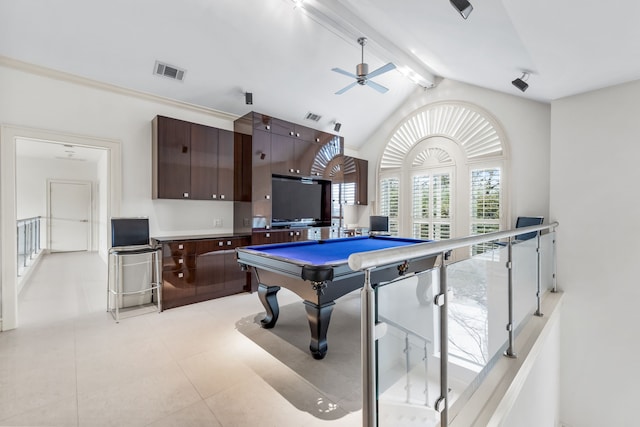 17704 Cedar Creek Canyon Dr, Dallas, TX 75252 - playroom featuring billiards, visible vents, a ceiling fan, and lofted ceiling with beams