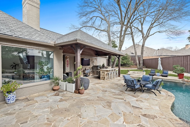 17704 Cedar Creek Canyon Dr, Dallas, TX 75252 - view of patio featuring a fenced backyard, outdoor dry bar, a gazebo, and a fenced in pool