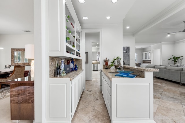 17704 Cedar Creek Canyon Dr, Dallas, TX 75252 - kitchen featuring recessed lighting, open shelves, visible vents, open floor plan, and white cabinetry