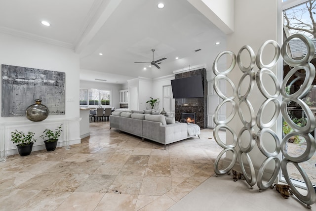 17704 Cedar Creek Canyon Dr, Dallas, TX 75252 - living area with recessed lighting, visible vents, a ceiling fan, crown molding, and a fireplace