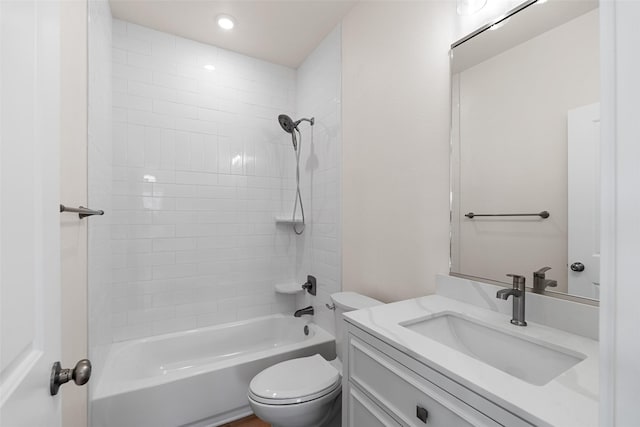 full bathroom featuring bathtub / shower combination, vanity, toilet, and recessed lighting