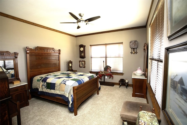 bedroom featuring light carpet, ceiling fan, ornamental molding, and baseboards