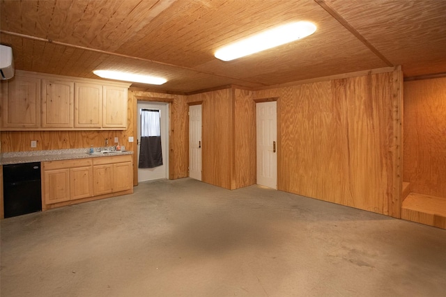 interior space featuring wood ceiling, light countertops, wooden walls, and light brown cabinetry