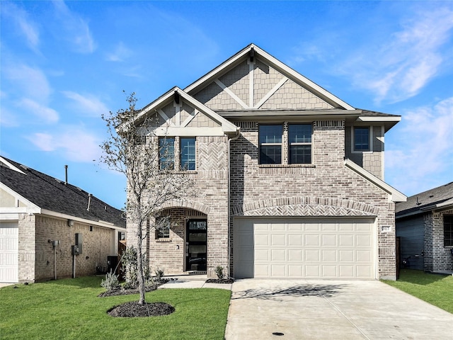 view of front of home with driveway, a garage, brick siding, central air condition unit, and a front yard