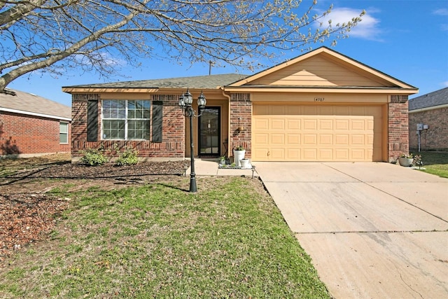 ranch-style house featuring concrete driveway, brick siding, an attached garage, and a front yard