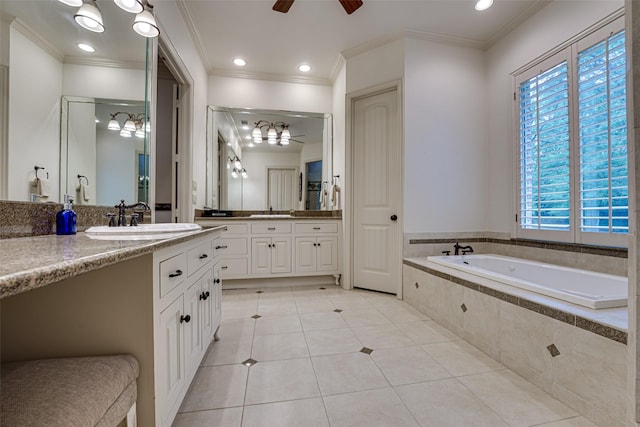 bathroom featuring crown molding, ceiling fan, a sink, and tile patterned floors