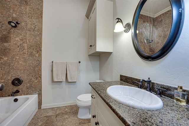 full bathroom with bathtub / shower combination, baseboards, vanity, and toilet