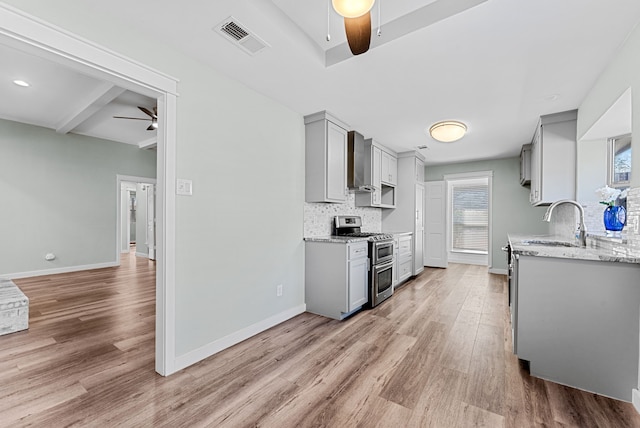 kitchen featuring range with two ovens, gray cabinetry, a sink, a ceiling fan, and visible vents