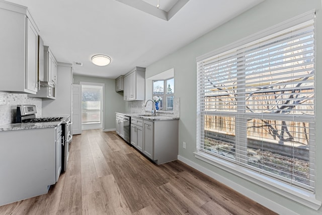 kitchen with stainless steel appliances, gray cabinets, backsplash, a sink, and wood finished floors