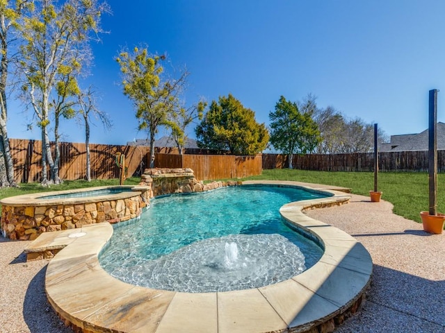 view of swimming pool featuring a fenced in pool, a fenced backyard, and an in ground hot tub